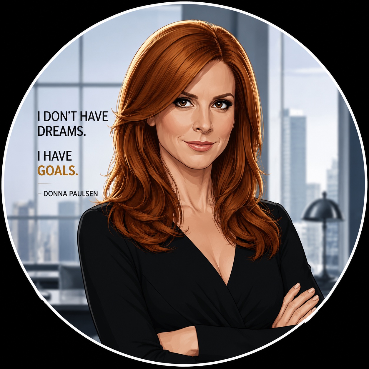 Illustrated portrait of Donna standing confidently with her arms crossed