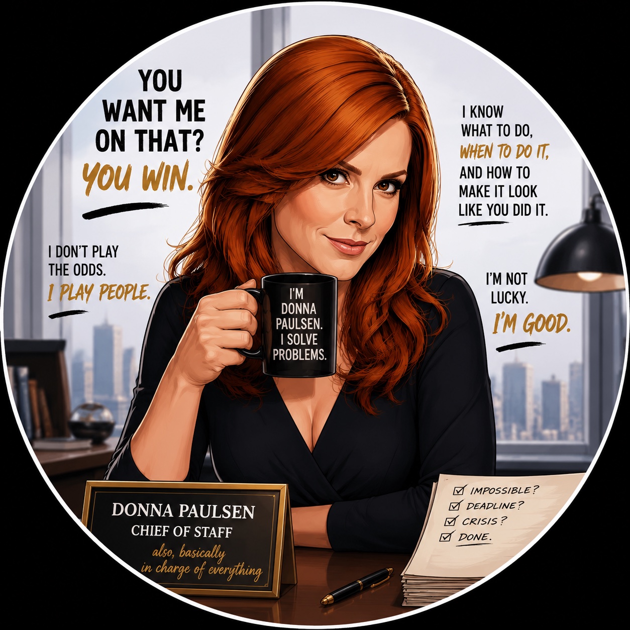 Illustrated portrait of a witty, confident Donna holding coffee in an executive office